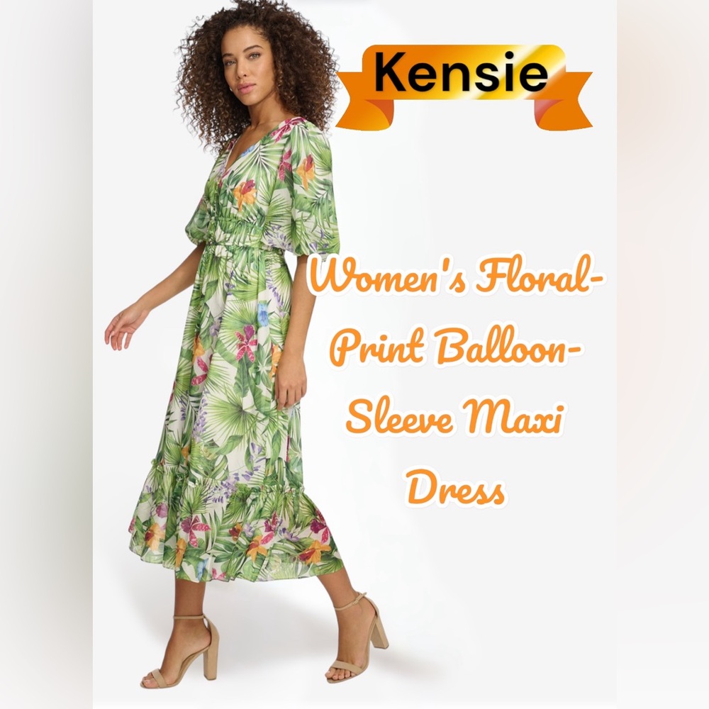 Kensie Green Floral-Print Balloon-Sleeve Maxi Dress